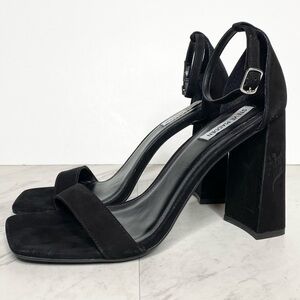 Steve Madden Tiaa Square Toe Black Nubuck Block Heel Sandal 10M